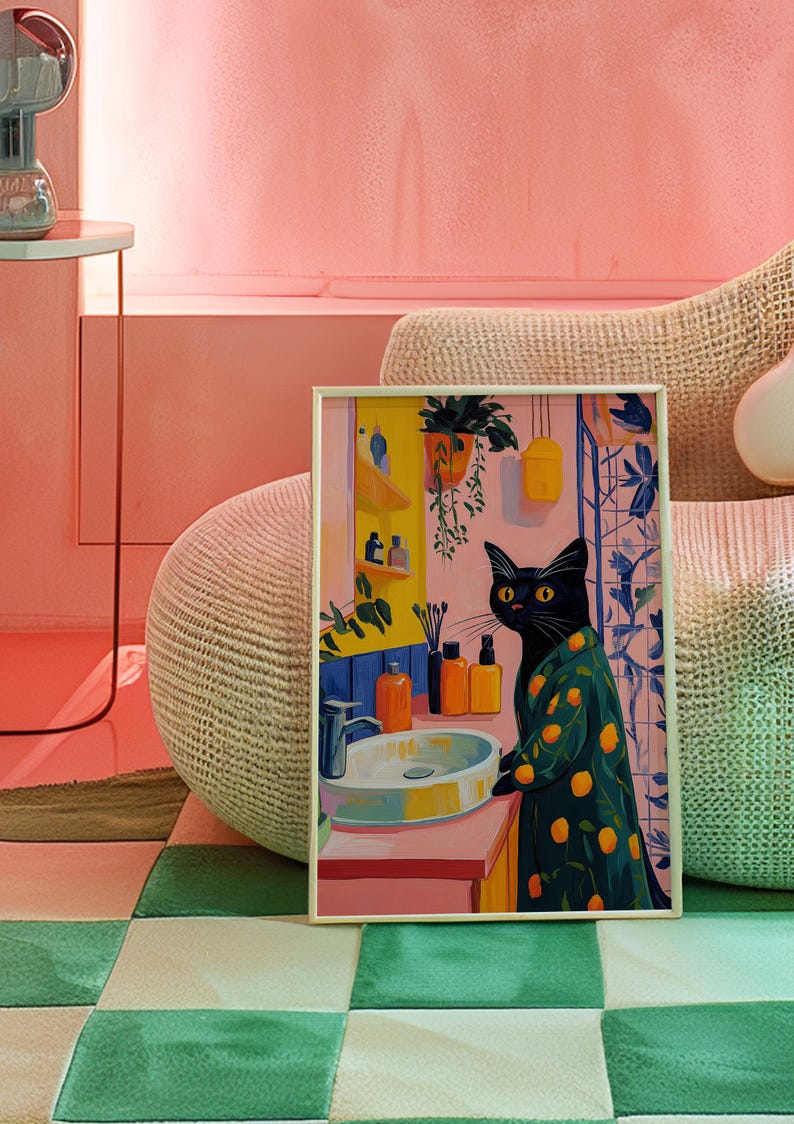 Black Cat Art, Cat Wall Art, Matisse Inspired, Colorful Animal Art, Cat Lover Gift, Whimsical Decor, Vibrant Wall Decor, Modern Art Print, Playful Home Decor, Eclectic Art, Trendy Wall Art, Bathroom Wall Decor, Dopamine Decor, Kitsch Aesthetic Art
