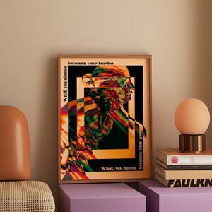 A psychedelic abstract poster featuring a fragmented statue head in vivid neon colors, layered with trippy effects. Surrounding text reads What you silence becomes your burden, what you speak becomes your power, emphasizing empowerment and bold self-expression. A striking surreal wall decor piece.Psychedelic Wall Art, Surrealist Statue Print, Motivational Quote Decor, Abstract Trippy Poster, Colorful Psychedelic Art, Unique Surreal Art, Vibrant Modern Poster, Edgy Abstract Art, Office Wall Decor