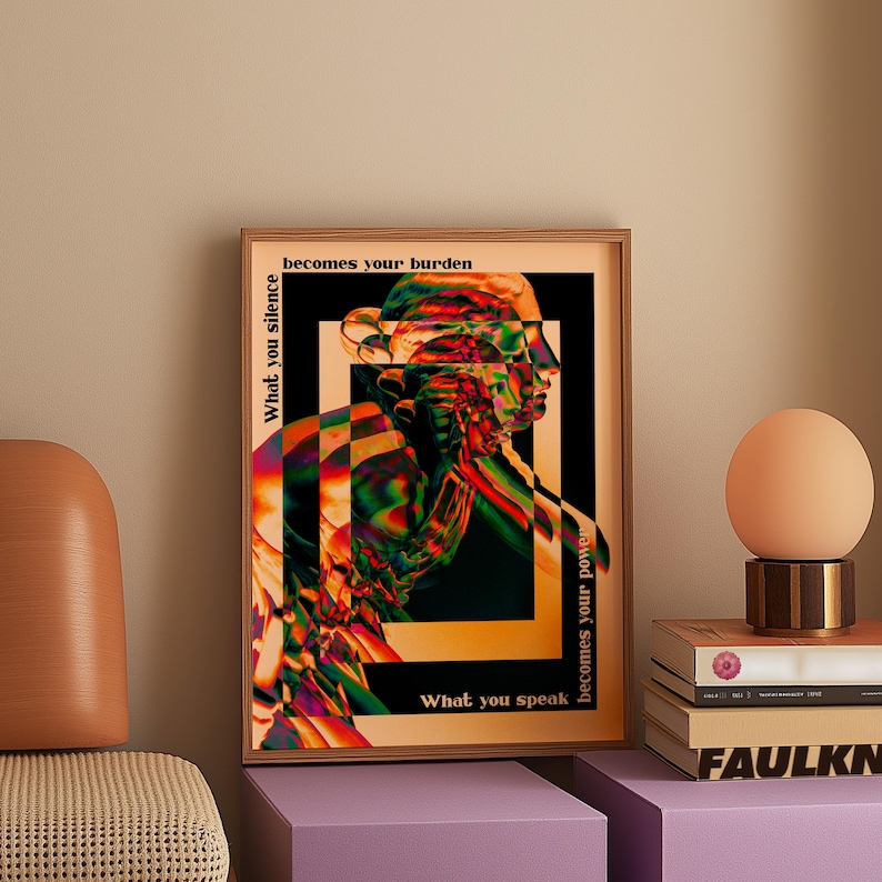 A psychedelic abstract poster featuring a fragmented statue head in vivid neon colors, layered with trippy effects. Surrounding text reads What you silence becomes your burden, what you speak becomes your power, emphasizing empowerment and bold self-expression. A striking surreal wall decor piece.Psychedelic Wall Art, Surrealist Statue Print, Motivational Quote Decor, Abstract Trippy Poster, Colorful Psychedelic Art, Unique Surreal Art, Vibrant Modern Poster, Edgy Abstract Art, Office Wall Decor