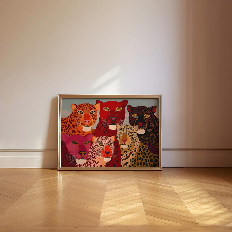 A vibrant maximalist illustration featuring a group of stylized leopards and panthers in bold red, orange, pink, and black tones. The artwork highlights expressive eyes, graphic patterns, and rich color contrasts, creating a striking statement piece inspired by modern folk art, dopamine decor, and eclectic interiors.Leopard Wall Art, Trendy Art Print, Big Cat Poster, Colorful Animal Art, Maximalist Decor, Wild Cat Design, Eclectic Home Art, Modern Folk Style, Red Aesthetic Poster, Dopamine Decor