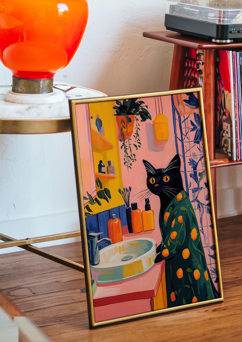 Black Cat Art, Cat Wall Art, Matisse Inspired, Colorful Animal Art, Cat Lover Gift, Whimsical Decor, Vibrant Wall Decor, Modern Art Print, Playful Home Decor, Eclectic Art, Trendy Wall Art, Bathroom Wall Decor, Dopamine Decor, Kitsch Aesthetic Art