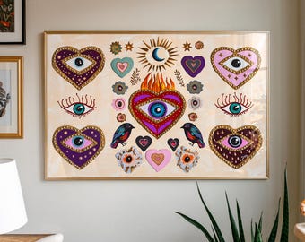 Mystical Evil Eye Heart Print: Bohemian Folk Art (Digital Download)
