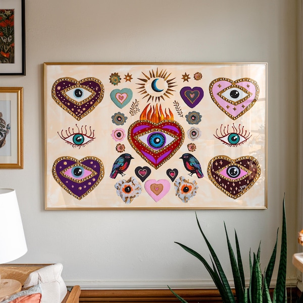 Mystical Evil Eye Heart Print: Bohemian Folk Art (Digital Download)