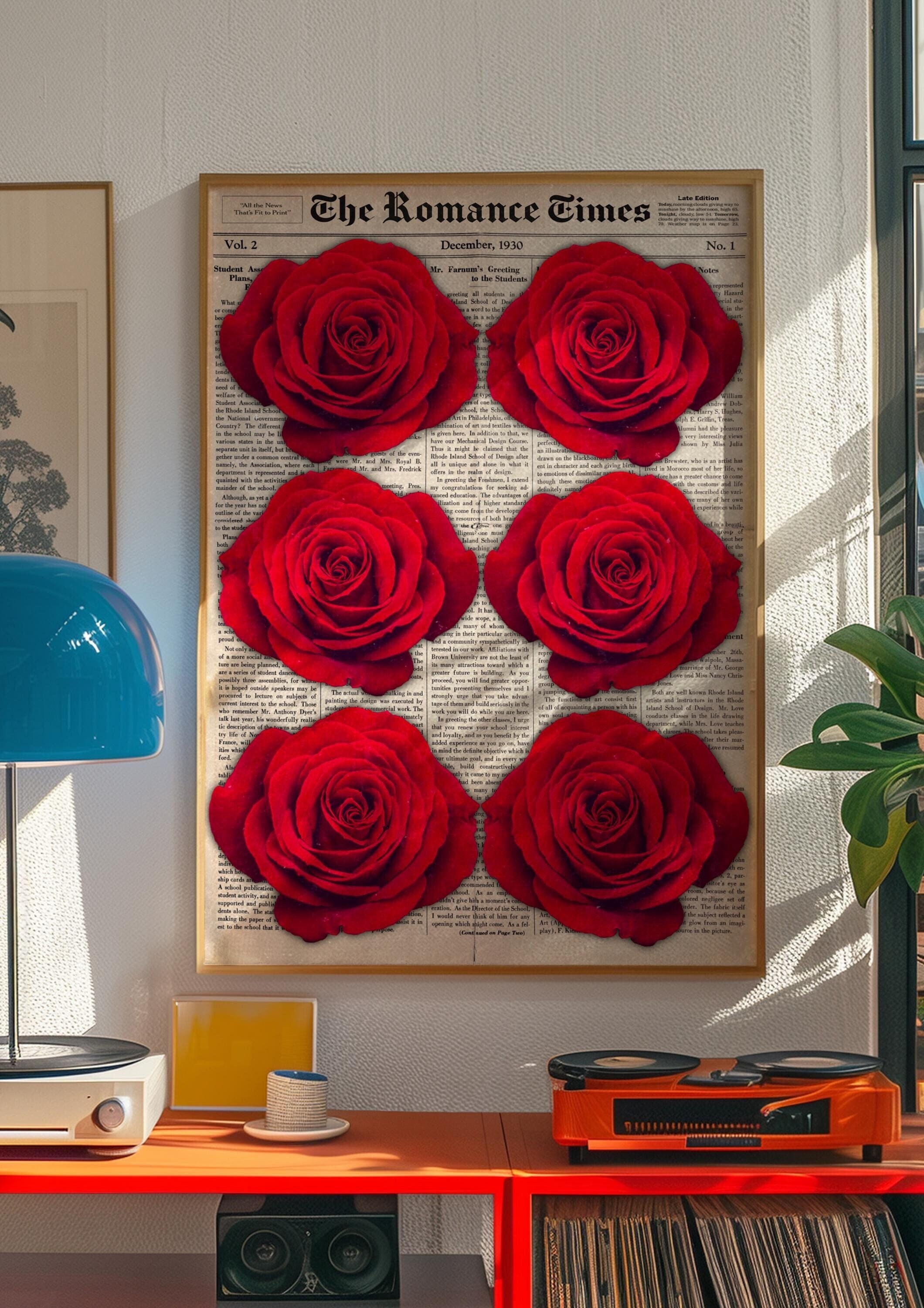 Red Rose Newspaper Poster: Retro Vogue Room Decor - Etsy