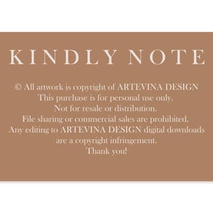 May include: A rectangular card with the text "KINDLY NOTE" in a serif font. The card is a shade of brown. The text below states copyright information, personal use only, and prohibitions against resale, distribution, and editing.