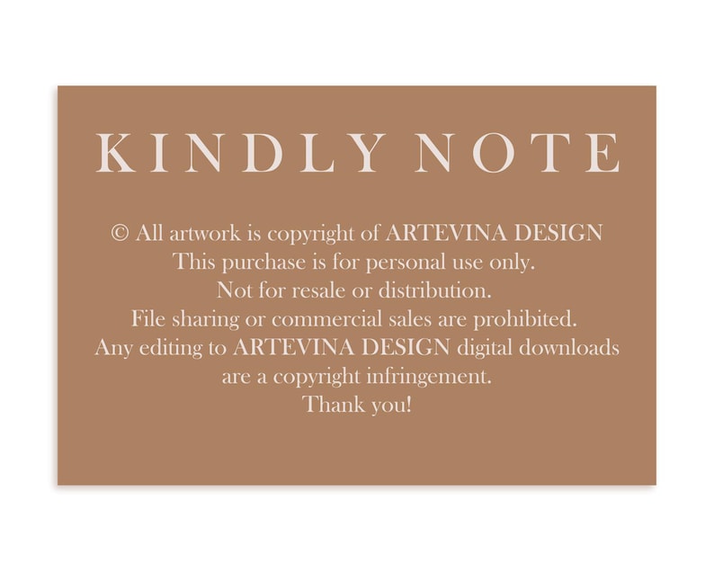 May include: A rectangular card with the text "KINDLY NOTE" in a serif font. The card is a shade of brown. The text below states copyright information, personal use only, and prohibitions against resale, distribution, and editing.