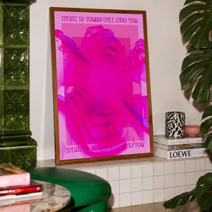 This pink glitch art print layers Greek and Roman statue busts in neon magenta, framed by retro typography and the phrase “What Is Yours Will Find You.” Repeated figures and digital distortion create a bold vaporwave collage with a surreal mood. Made to command attention in a bedroom, living room, studio or maximalist gallery wall, it adds electric color and bold attitude. A striking choice for collectors of classical sculpture, dopamine decor, Y2K graphics and uplifting quote posters.
