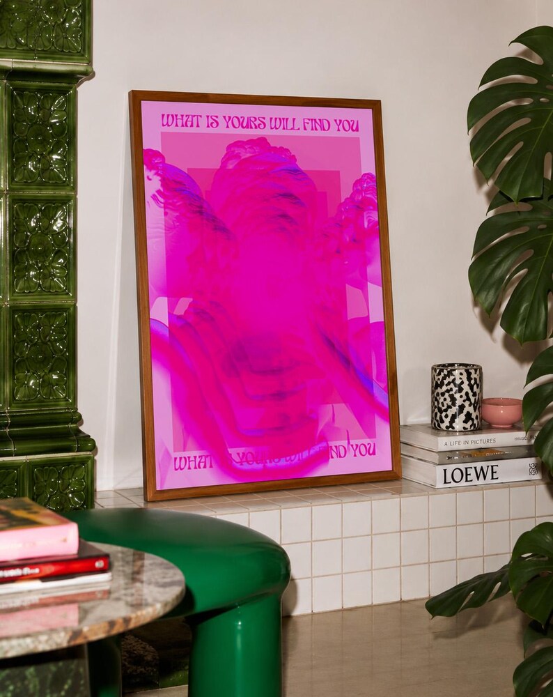This pink glitch art print layers Greek and Roman statue busts in neon magenta, framed by retro typography and the phrase “What Is Yours Will Find You.” Repeated figures and digital distortion create a bold vaporwave collage with a surreal mood. Made to command attention in a bedroom, living room, studio or maximalist gallery wall, it adds electric color and bold attitude. A striking choice for collectors of classical sculpture, dopamine decor, Y2K graphics and uplifting quote posters.