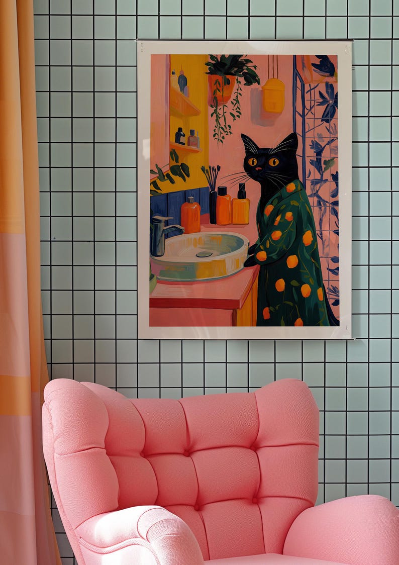 Black Cat Art, Cat Wall Art, Matisse Inspired, Colorful Animal Art, Cat Lover Gift, Whimsical Decor, Vibrant Wall Decor, Modern Art Print, Playful Home Decor, Eclectic Art, Trendy Wall Art, Bathroom Wall Decor, Dopamine Decor, Kitsch Aesthetic Art