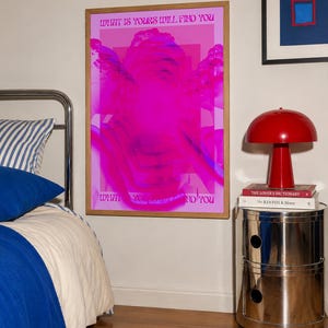 This pink glitch art print layers Greek and Roman statue busts in neon magenta, framed by retro typography and the phrase “What Is Yours Will Find You.” Repeated figures and digital distortion create a bold vaporwave collage with a surreal mood. Made to command attention in a bedroom, living room, studio or maximalist gallery wall, it adds electric color and bold attitude. A striking choice for collectors of classical sculpture, dopamine decor, Y2K graphics and uplifting quote posters.