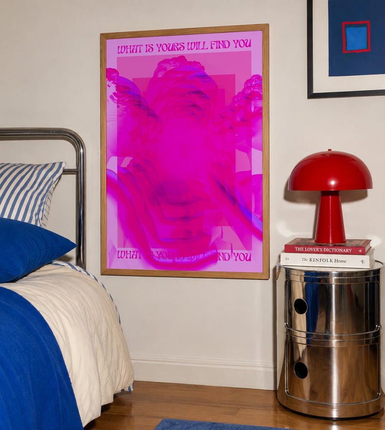 This pink glitch art print layers Greek and Roman statue busts in neon magenta, framed by retro typography and the phrase “What Is Yours Will Find You.” Repeated figures and digital distortion create a bold vaporwave collage with a surreal mood. Made to command attention in a bedroom, living room, studio or maximalist gallery wall, it adds electric color and bold attitude. A striking choice for collectors of classical sculpture, dopamine decor, Y2K graphics and uplifting quote posters.