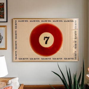 Lucky Seven Pool Ball, Red Wall Art, Retro Poster, Vintage Billiard Poster, Trendy Man Cave Print, Game Room Decor, Stylish Casino Poster