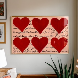 Impressão de carta de amor, arte de parede vermelha, decoração de parede para quarto, pôster de coração, arte de parede horizontal, pôster moderno, decoração com dopamina, arte estética kitsch