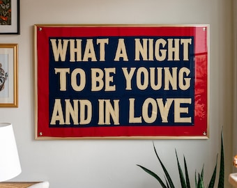 Póster con frase "Qué noche": tipografía vintage, decoración de pared retro, impresión romántica, frase clásica de amor