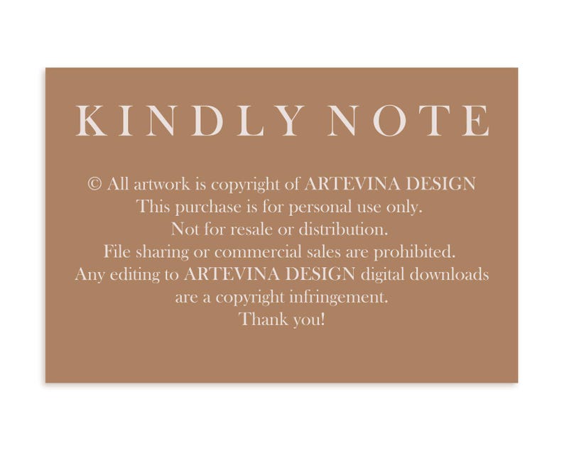 May include: A rectangular card with the text "KINDLY NOTE" in a serif font. The card is a shade of brown. The text below details copyright information, personal use, and restrictions on resale, distribution, and editing.