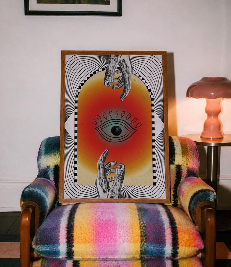 All seeing eye poster featuring a surreal central eye, chrome hands, black-and-white optical lines and a fiery orange gradient in a psychedelic collage style. Display this trippy art print in a living room, bedroom, studio, dorm or eclectic gallery wall to create a bold focal point with graphic movement and retro energy. Designed for collectors of surrealism, optical art and unconventional interiors who enjoy mysterious symbolism, vivid color and artwork that immediately starts a conversation.