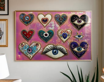 Sacred Hearts & Eyes Poster: Maximalist Boho Art (Digital Download)