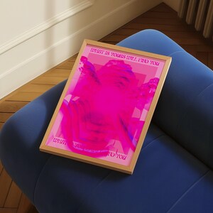 A vibrant hot pink digital art print featuring a distorted Greco-Roman statue head with bold surrealist overlays and repeated silhouettes. The artwork includes the empowering phrase What Is Yours Will Find You in a retro font, evoking a dreamy, psychedelic and self-affirming aesthetic.Psychedelic Art, Bold Pink Poster, Retro Affirmation Art, Modern Pop Art, Hot Pink Decor, Greek Statue Poster, Dopamine Decor, Feminine Power Art, Maximalist Room Art, What Is Yours Quote, Funky Aesthetic Print