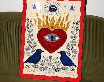 Mystical Evil Eye Heart Poster: Maximalist Red Folk Print with Blue Birds (Digital Download)