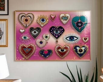 Sacred Heart Eye Art Print: Mystical Embroidered Hearts (Digital Download)