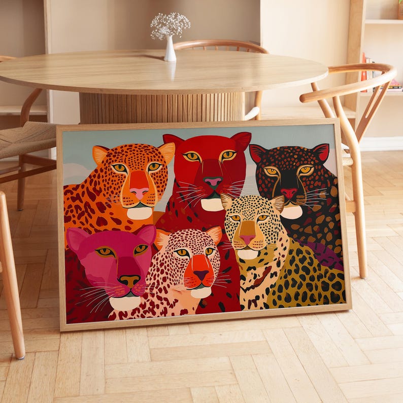 A vibrant maximalist illustration featuring a group of stylized leopards and panthers in bold red, orange, pink, and black tones. The artwork highlights expressive eyes, graphic patterns, and rich color contrasts, creating a striking statement piece inspired by modern folk art, dopamine decor, and eclectic interiors.Leopard Wall Art, Trendy Art Print, Big Cat Poster, Colorful Animal Art, Maximalist Decor, Wild Cat Design, Eclectic Home Art, Modern Folk Style, Red Aesthetic Poster, Dopamine Decor