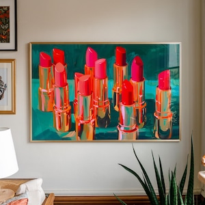 リップスティックプリント：ティール＆ゴールドのメイクアップアート、美容室の装飾（デジタルダウンロード）