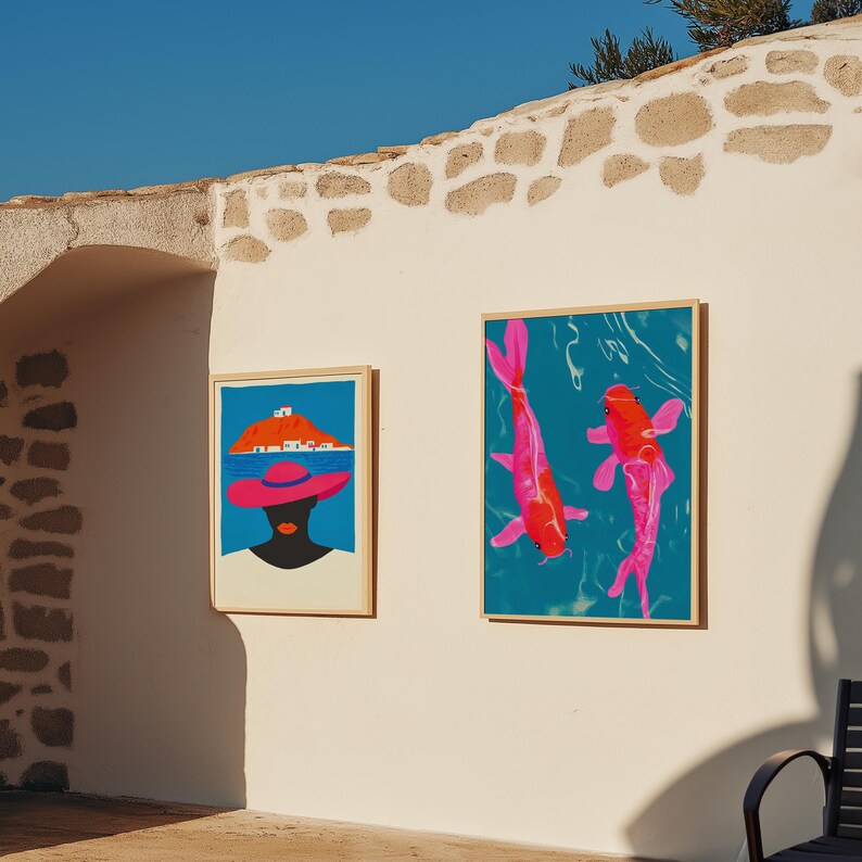 A vibrant digital painting of two koi fish swimming gracefully in a tranquil blue pond. The fish feature striking shades of pink and red, creating a modern and artistic take on traditional koi fish imagery. The fluid water reflections add depth and movement, making this artwork a perfect choice for Japanese-inspired decor, aquatic-themed spaces, and lovers of contemporary art. Japanese Inspired Art, Red Wall Art, Koi Poster, Aesthetic Art, Dopamine Decor, Eclectic Art Print, Bedroom Wall Decor