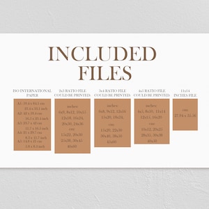 May include: A chart with a brown background showing different paper sizes and their corresponding dimensions in inches and centimeters. The chart is titled "Included Files" and lists ISO International Paper, 2:3 Ratio File, 3:4 Ratio File, 4:5 Ratio File, and 11x14 Inches File.