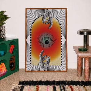 All seeing eye poster featuring a surreal central eye, chrome hands, black-and-white optical lines and a fiery orange gradient in a psychedelic collage style. Display this trippy art print in a living room, bedroom, studio, dorm or eclectic gallery wall to create a bold focal point with graphic movement and retro energy. Designed for collectors of surrealism, optical art and unconventional interiors who enjoy mysterious symbolism, vivid color and artwork that immediately starts a conversation.
