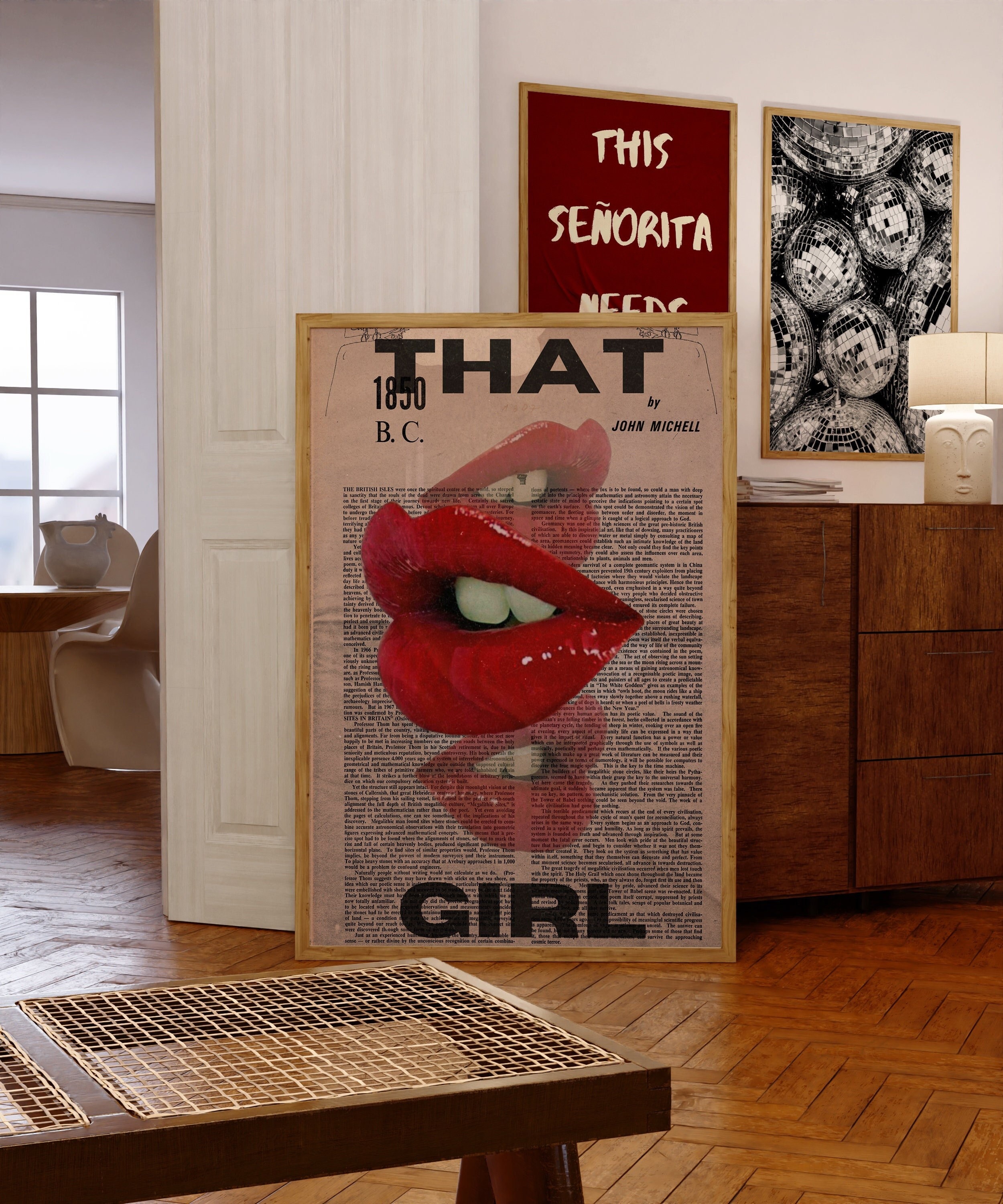 Vintage Magazine Lips Poster: 70s Retro Red Wall Art (digital