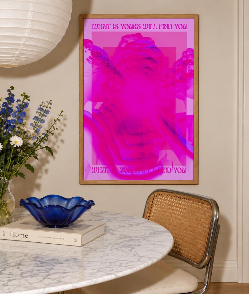 This pink glitch art print layers Greek and Roman statue busts in neon magenta, framed by retro typography and the phrase “What Is Yours Will Find You.” Repeated figures and digital distortion create a bold vaporwave collage with a surreal mood. Made to command attention in a bedroom, living room, studio or maximalist gallery wall, it adds electric color and bold attitude. A striking choice for collectors of classical sculpture, dopamine decor, Y2K graphics and uplifting quote posters.