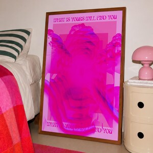 This pink glitch art print layers Greek and Roman statue busts in neon magenta, framed by retro typography and the phrase “What Is Yours Will Find You.” Repeated figures and digital distortion create a bold vaporwave collage with a surreal mood. Made to command attention in a bedroom, living room, studio or maximalist gallery wall, it adds electric color and bold attitude. A striking choice for collectors of classical sculpture, dopamine decor, Y2K graphics and uplifting quote posters.