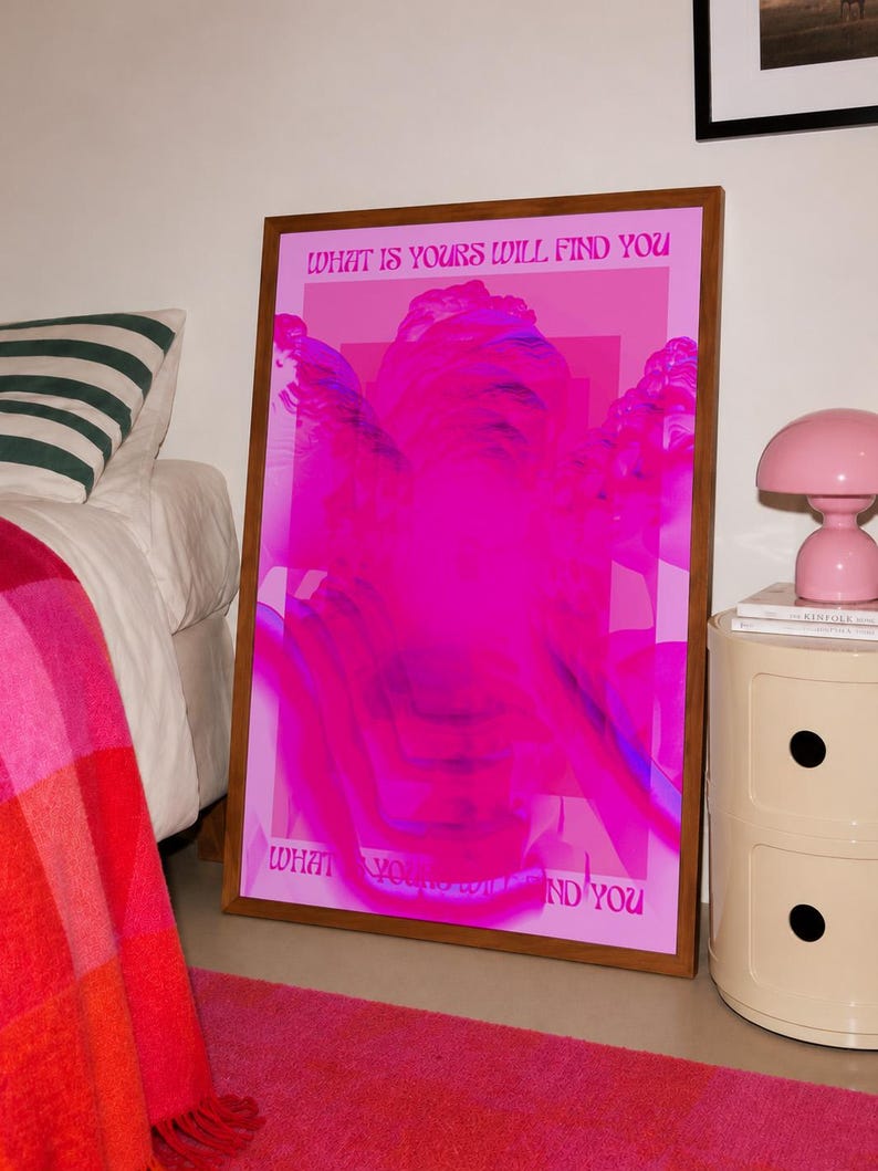 This pink glitch art print layers Greek and Roman statue busts in neon magenta, framed by retro typography and the phrase “What Is Yours Will Find You.” Repeated figures and digital distortion create a bold vaporwave collage with a surreal mood. Made to command attention in a bedroom, living room, studio or maximalist gallery wall, it adds electric color and bold attitude. A striking choice for collectors of classical sculpture, dopamine decor, Y2K graphics and uplifting quote posters.
