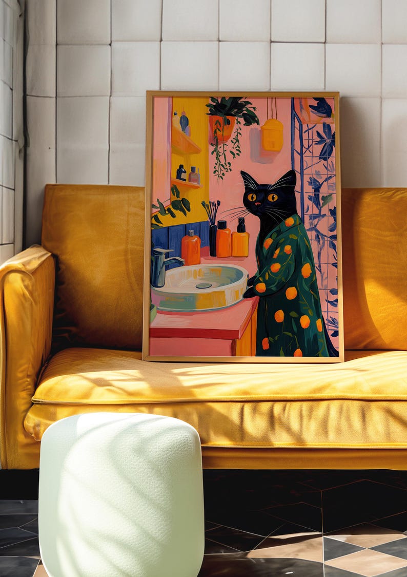 Black Cat Art, Cat Wall Art, Matisse Inspired, Colorful Animal Art, Cat Lover Gift, Whimsical Decor, Vibrant Wall Decor, Modern Art Print, Playful Home Decor, Eclectic Art, Trendy Wall Art, Bathroom Wall Decor, Dopamine Decor, Kitsch Aesthetic Art