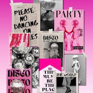 Op de afbeelding: Een collage van afbeeldingen met een discothema. De afbeeldingen tonen discoballen, dansende mensen en tekst die zegt "Disco is not dead!" en "Party Never Ends".