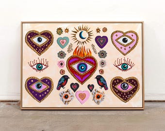 Evil Eye Heart Wall Art: Mystical Folk Spiritual Print, Boho Eclectic Maximalist Poster
