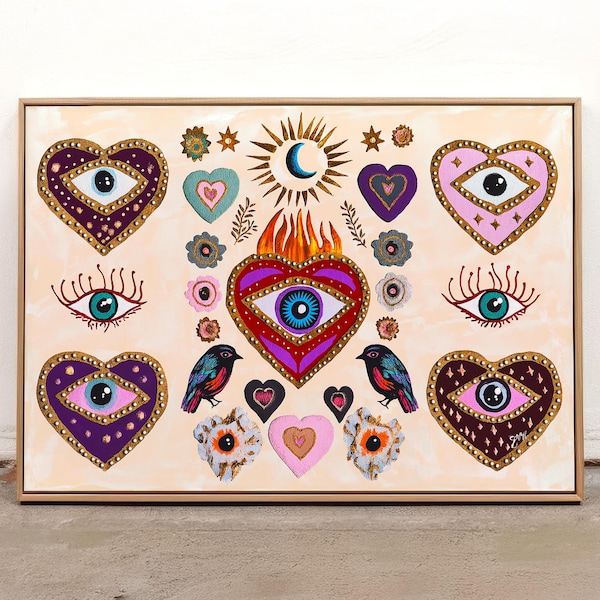 Evil Eye Heart Wall Art: Mystical Folk Spiritual Print, Boho Eclectic Maximalist Poster