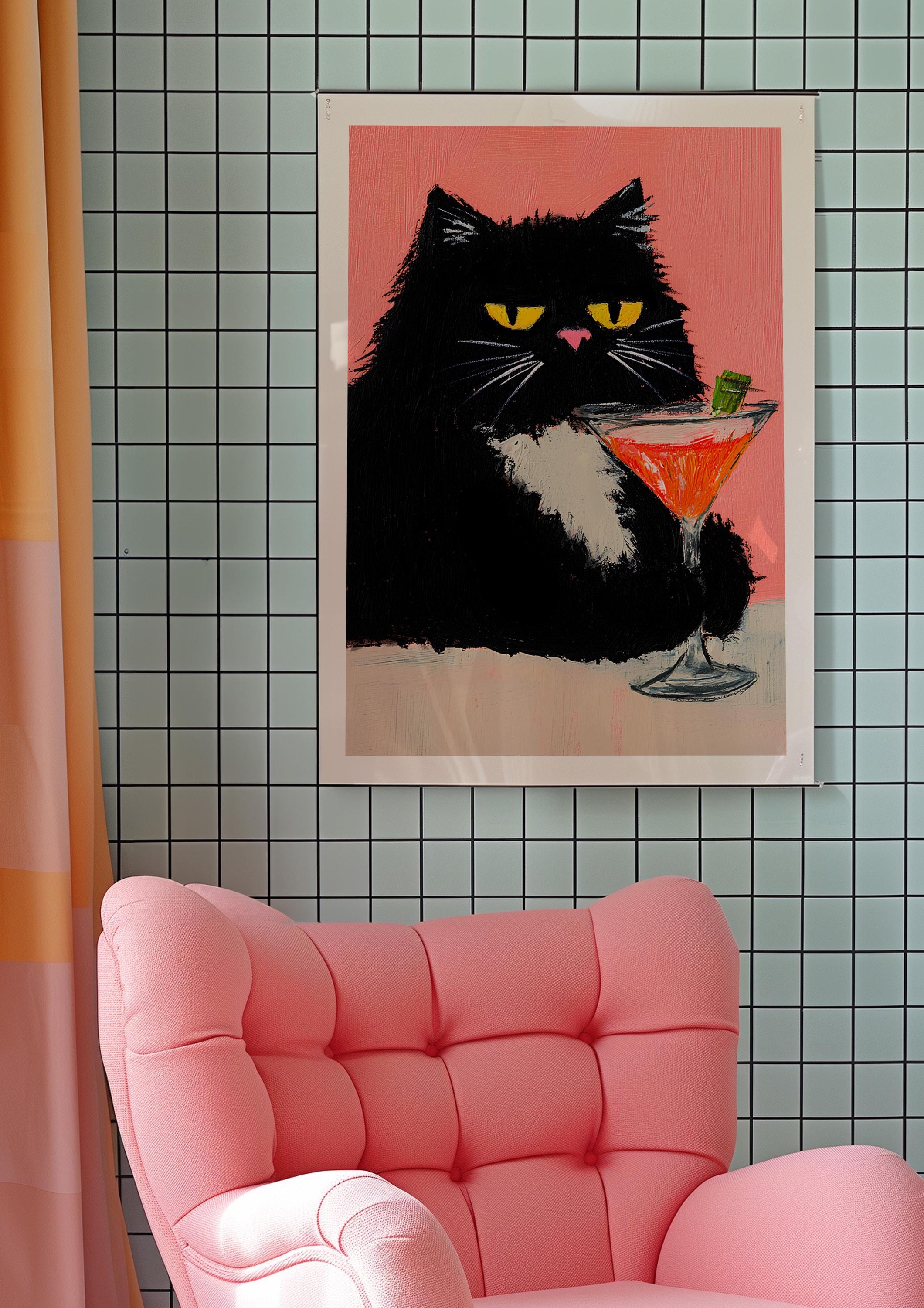 Poster sur toile avec chat noir sur canapé vert avec martini