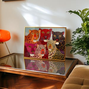 A vibrant maximalist illustration featuring a group of stylized leopards and panthers in bold red, orange, pink, and black tones. The artwork highlights expressive eyes, graphic patterns, and rich color contrasts, creating a striking statement piece inspired by modern folk art, dopamine decor, and eclectic interiors.Leopard Wall Art, Trendy Art Print, Big Cat Poster, Colorful Animal Art, Maximalist Decor, Wild Cat Design, Eclectic Home Art, Modern Folk Style, Red Aesthetic Poster, Dopamine Decor