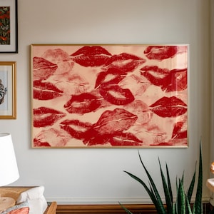 Trendy kunstprint Red Kisses: dopamine-slaapkamerdecoratie (digitale download)