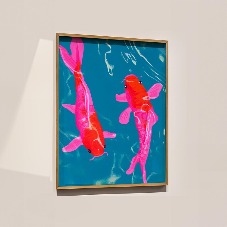 A vibrant digital painting of two koi fish swimming gracefully in a tranquil blue pond. The fish feature striking shades of pink and red, creating a modern and artistic take on traditional koi fish imagery. The fluid water reflections add depth and movement, making this artwork a perfect choice for Japanese-inspired decor, aquatic-themed spaces, and lovers of contemporary art. Japanese Inspired Art, Red Wall Art, Koi Poster, Aesthetic Art, Dopamine Decor, Eclectic Art Print, Bedroom Wall Decor