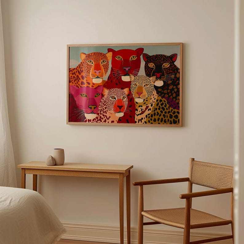 A vibrant maximalist illustration featuring a group of stylized leopards and panthers in bold red, orange, pink, and black tones. The artwork highlights expressive eyes, graphic patterns, and rich color contrasts, creating a striking statement piece inspired by modern folk art, dopamine decor, and eclectic interiors.Leopard Wall Art, Trendy Art Print, Big Cat Poster, Colorful Animal Art, Maximalist Decor, Wild Cat Design, Eclectic Home Art, Modern Folk Style, Red Aesthetic Poster, Dopamine Decor
