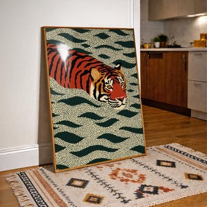 Stylized tiger illustration moving through abstract green wave patterns with dotted textures on a neutral background. The bold orange and black striped tiger contrasts with the rhythmic organic shapes, creating a dynamic maximalist composition. Hand drawn details and modern folk art influences give the artwork a playful yet powerful visual identity. Perfect for living room wall decor, kids room styling, eclectic interiors, or jungle themed spaces seeking a bold statement animal artwork.