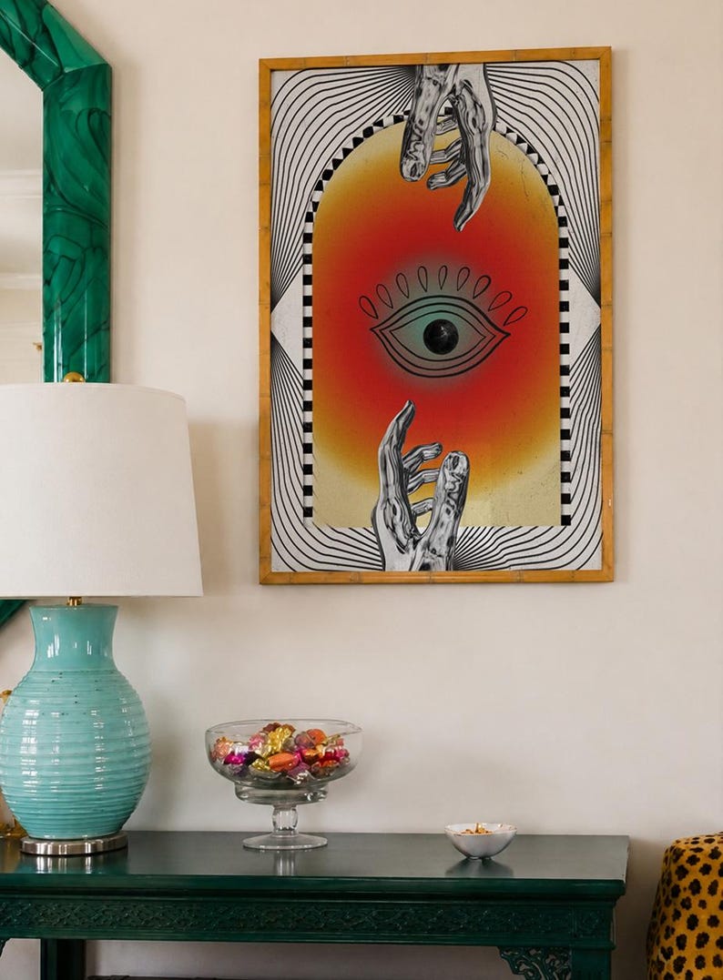 All seeing eye poster featuring a surreal central eye, chrome hands, black-and-white optical lines and a fiery orange gradient in a psychedelic collage style. Display this trippy art print in a living room, bedroom, studio, dorm or eclectic gallery wall to create a bold focal point with graphic movement and retro energy. Designed for collectors of surrealism, optical art and unconventional interiors who enjoy mysterious symbolism, vivid color and artwork that immediately starts a conversation.