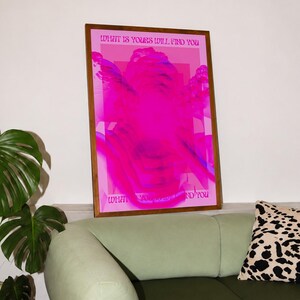 This pink glitch art print layers Greek and Roman statue busts in neon magenta, framed by retro typography and the phrase “What Is Yours Will Find You.” Repeated figures and digital distortion create a bold vaporwave collage with a surreal mood. Made to command attention in a bedroom, living room, studio or maximalist gallery wall, it adds electric color and bold attitude. A striking choice for collectors of classical sculpture, dopamine decor, Y2K graphics and uplifting quote posters.