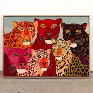 A vibrant maximalist illustration featuring a group of stylized leopards and panthers in bold red, orange, pink, and black tones. The artwork highlights expressive eyes, graphic patterns, and rich color contrasts, creating a striking statement piece inspired by modern folk art, dopamine decor, and eclectic interiors.Leopard Wall Art, Trendy Art Print, Big Cat Poster, Colorful Animal Art, Maximalist Decor, Wild Cat Design, Eclectic Home Art, Modern Folk Style, Red Aesthetic Poster, Dopamine Decor