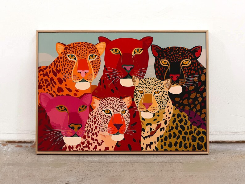 A vibrant maximalist illustration featuring a group of stylized leopards and panthers in bold red, orange, pink, and black tones. The artwork highlights expressive eyes, graphic patterns, and rich color contrasts, creating a striking statement piece inspired by modern folk art, dopamine decor, and eclectic interiors.Leopard Wall Art, Trendy Art Print, Big Cat Poster, Colorful Animal Art, Maximalist Decor, Wild Cat Design, Eclectic Home Art, Modern Folk Style, Red Aesthetic Poster, Dopamine Decor