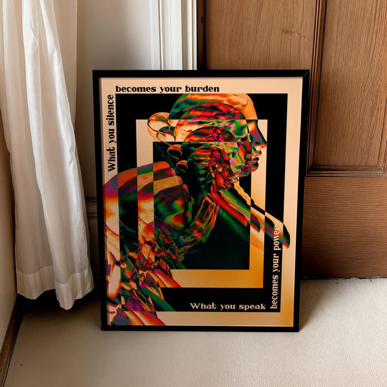 A psychedelic abstract poster featuring a fragmented statue head in vivid neon colors, layered with trippy effects. Surrounding text reads What you silence becomes your burden, what you speak becomes your power, emphasizing empowerment and bold self-expression. A striking surreal wall decor piece.Psychedelic Wall Art, Surrealist Statue Print, Motivational Quote Decor, Abstract Trippy Poster, Colorful Psychedelic Art, Unique Surreal Art, Vibrant Modern Poster, Edgy Abstract Art, Office Wall Decor