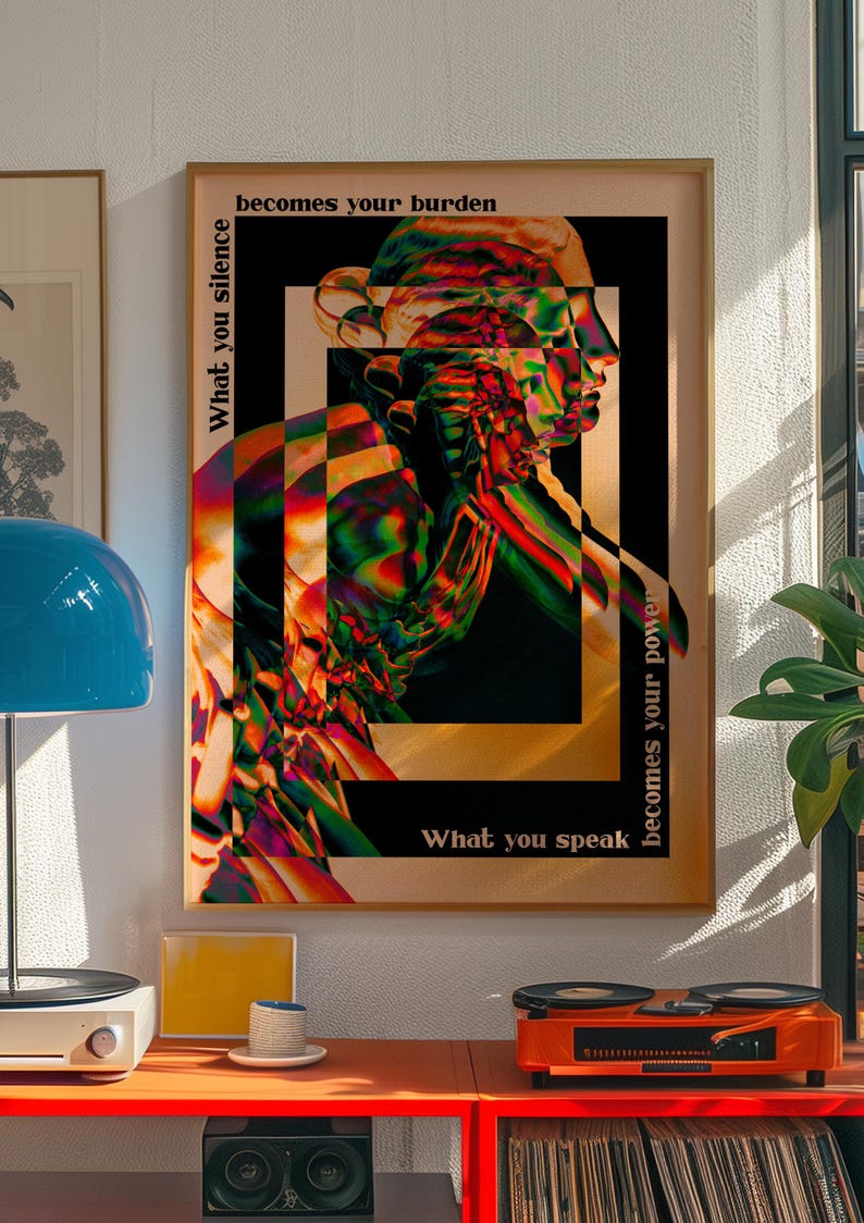 A psychedelic abstract poster featuring a fragmented statue head in vivid neon colors, layered with trippy effects. Surrounding text reads What you silence becomes your burden, what you speak becomes your power, emphasizing empowerment and bold self-expression. A striking surreal wall decor piece.Psychedelic Wall Art, Surrealist Statue Print, Motivational Quote Decor, Abstract Trippy Poster, Colorful Psychedelic Art, Unique Surreal Art, Vibrant Modern Poster, Edgy Abstract Art, Office Wall Decor