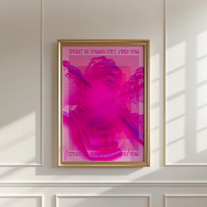 A vibrant hot pink digital art print featuring a distorted Greco-Roman statue head with bold surrealist overlays and repeated silhouettes. The artwork includes the empowering phrase What Is Yours Will Find You in a retro font, evoking a dreamy, psychedelic and self-affirming aesthetic.Psychedelic Art, Bold Pink Poster, Retro Affirmation Art, Modern Pop Art, Hot Pink Decor, Greek Statue Poster, Dopamine Decor, Feminine Power Art, Maximalist Room Art, What Is Yours Quote, Funky Aesthetic Print